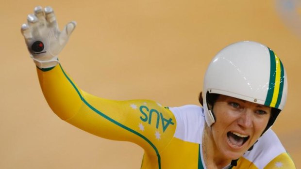 Anna Meares celebrates her track victory during the 2012 London Olympics. 