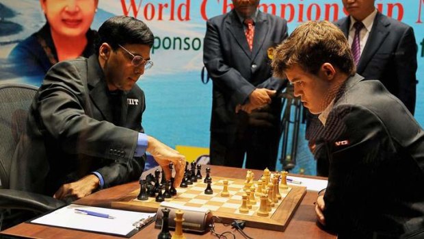 Clash of the heavyweights: Viswanathan Anand and Magnus Carlsen in action.