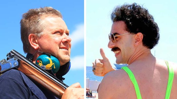 Shooter Russell Mark says his wife Lauryn will appear in a men's magazine photo shoot after he pledged to wear the mankini made famous by comedian Sacha Baron Cohen.
