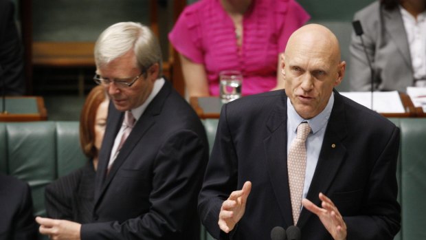 Peter Garrett, pictured with then prime minister Kevin Rudd, during a question time session in 2010. 