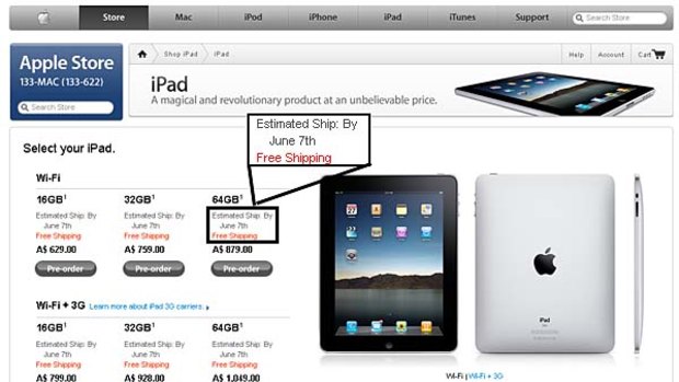 A screen grab of the Apple Australia online store showing shipping dates of June 7.