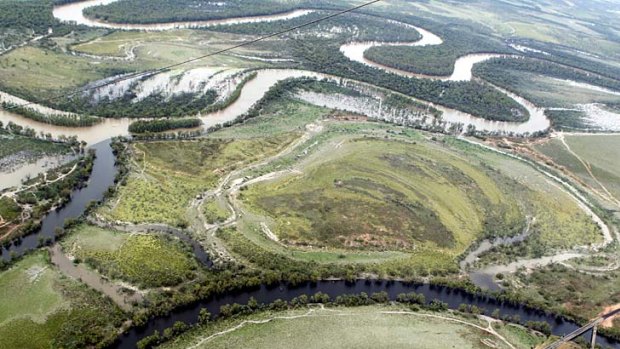 Fly-past ... the Darling River in flood.