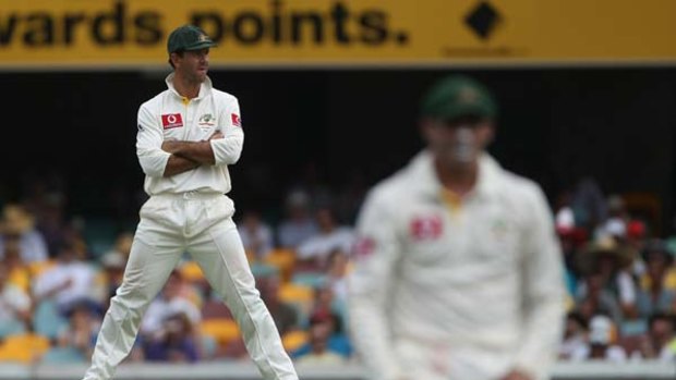 Where to from here? ... Australian captain Ricky Ponting reacts to an England boundary during the fourth day's play at the Gabba yesterday.