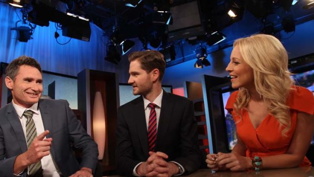 Dave Hughes, Charlie Pickering and Carrie Bickmore on the set of The Project.