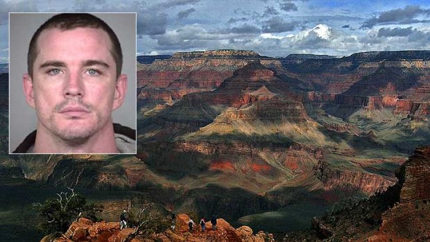 The south rim of the Grand Canyon and, inset, the police mug shot of Christopher Carlson.