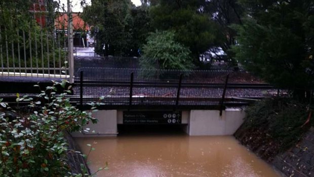 The flooded underpass at Mount Waverley station.