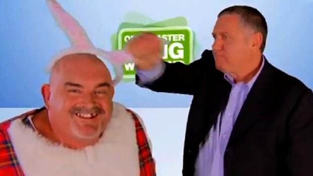 Ray Hadley's "henchman": the DJ, right, in a scene from an advert he did with "The Duck".