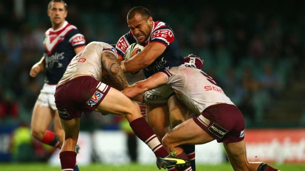 Surprise performer: Sam Moa takes on Manly.