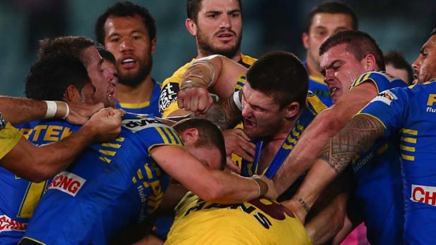 Send off offence: Josh McGuire of the Broncos and Mitch Allgood of the Eels were sent off for fighting.