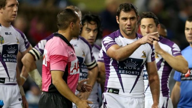 Talk time: Melbourne Storm's Cameron Smith makes a point during the clash with Newcastle.