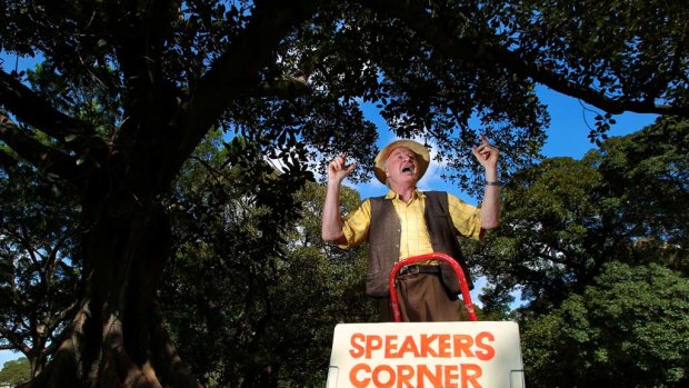 On his soapbox ...  Steve Maxwell on a roll  at  Speakers Corner in the Domain where he can be found each Sunday.