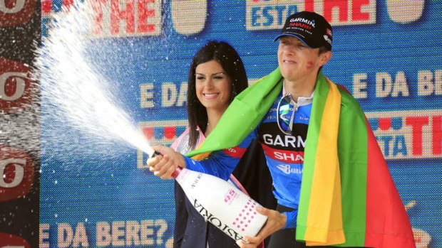 On the podium:  Lithuania's Ramunas Navardauskas after winning stage 11 of the Giro. Photo: AFP