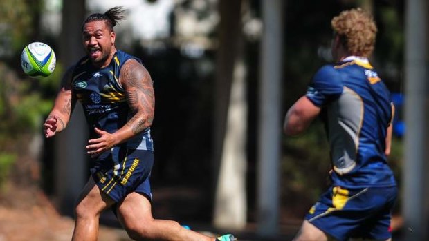 Fotu Aeulua on the charge at Brumbies training on Thursday.