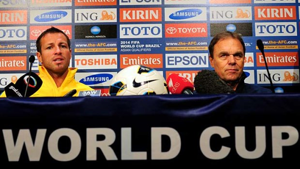 Socceroos Captain Lucas Neill and Coach Holger Osieck at the pre-match press conference for the World-Cup Qualifier to be played at Melbourne's Etihad Stadium.