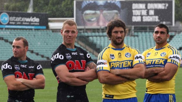 Western Sydney rivalry &#8230; from left, Penrith's Luke Walsh and Luke Lewis, and Parramatta's Nathan Hindmarsh and Tim Mannah will face off on Friday night.