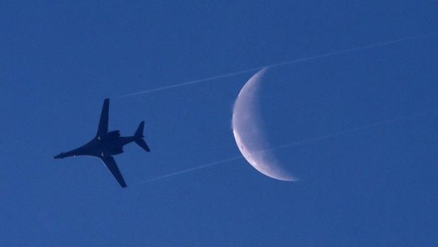 A US Air Force B1-B bomber flies above the Syrian town of Kobane on Saturday.