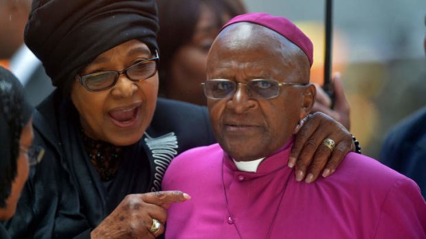 Desmond Tutu and Winnie Madikizela Mandela during Nelson Mandela's memorial service.