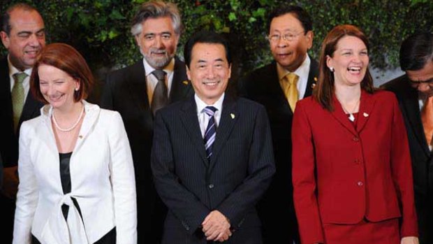 Julia Gillard at the Asia-Europe Meeting with (from left) Belgian Prime Minister Yves Leterme, South Korean President Lee Myung-bak, NATO Secretary-General Anders Fogh Rasmussen and European Commission President Jose Manuel Barroso.