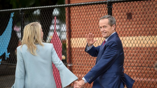 Opposition leader Bill Shorten voting in his federal seat of Maribyrnong with wife Chloe. 