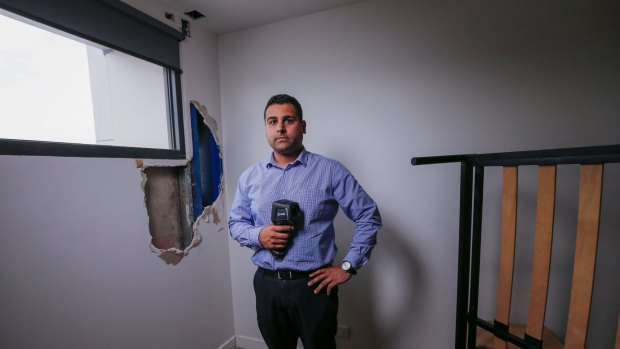 Defect expert Sahil Bhasin investigates a water leak in a new apartment building.