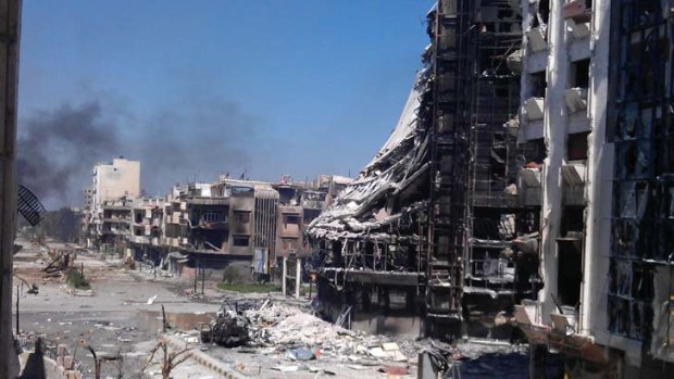 Reduced to rubble &#8230; the scarred buildings and streets of the Juret al-Shayah district of Homs, which the opposition says are the result of months of shelling by government forces.