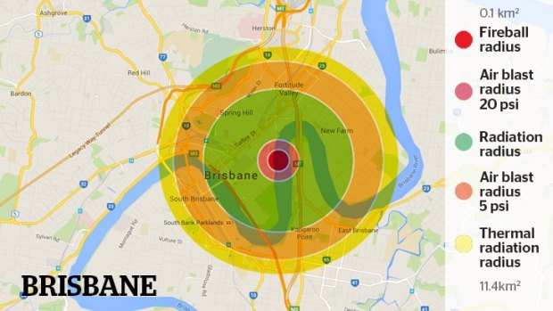 A representation of the Hiroshima Bomb damage if it fell on the Brisbane CBD.