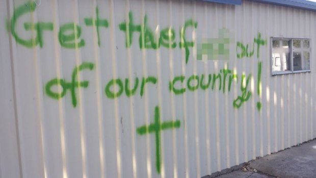 One of the abusive messages sprayed on the prayer centre.