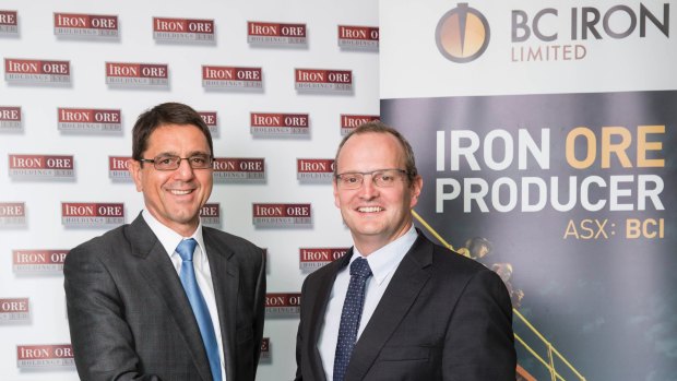 Alwyn Vorster and Morgan Ball when the BC Iron and Iron Ore Holdings merger was announced in 2014.
