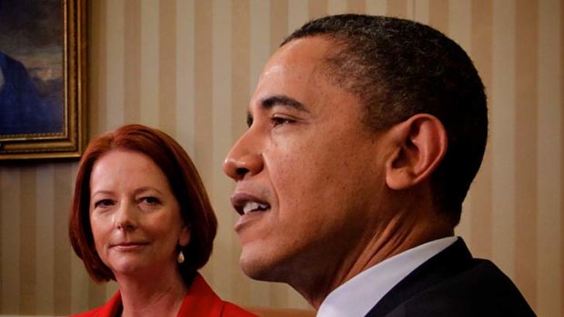 Julia Gillard and Barack Obama, after a meeting in the Oval Office of the White House.