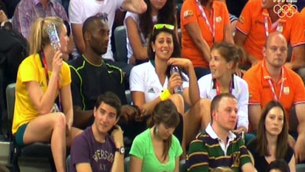 Kobe Bryant and Stephanie Rice enjoy each other's company at the velodrome before the women's sprint gold medal race between Anna Meares and Victoria Pendleton at the London Olympics.