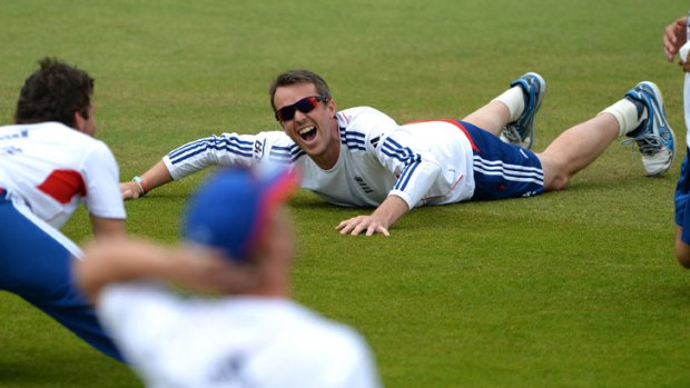 England's Graeme Swann shares a laugh at a practice session at Trent Bridge in Nottingham on July 8.