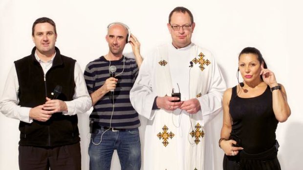 Wireless audio device users Scott Doyle (left), Nick Carroll, the Reverend Mark Pearce and Irene Nickole.