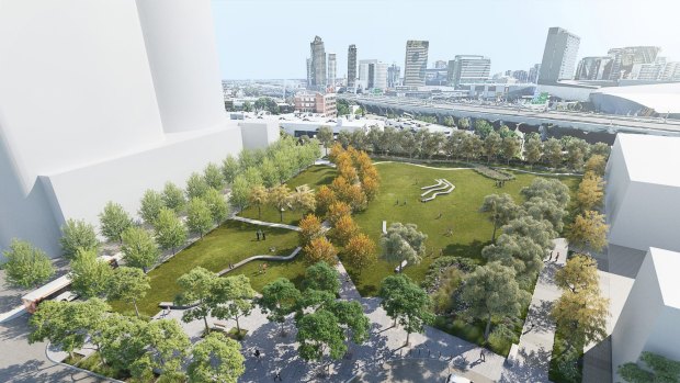 Artist's impression of a $19m park that will open in Fishermans Bend next year. 