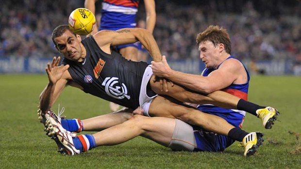 In tight: Chris Yarran shows an example of the Blues' spirit in last night's close contest against the Western Bulldogs.