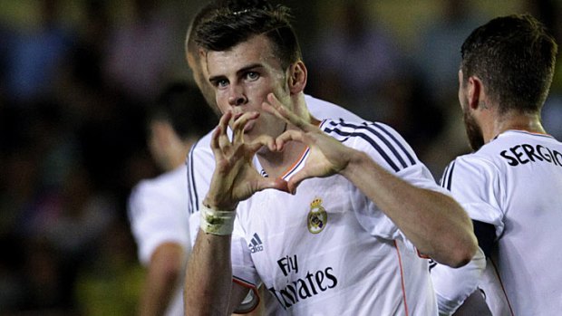 Gareth Bale celebrates his first goal for Real Madrid.