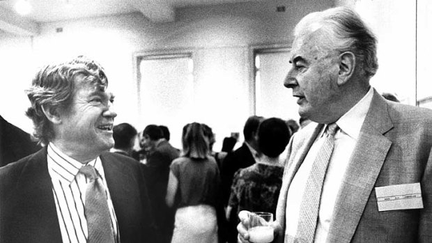 Good company ... Huhes with Gough Whitlam at the launch of <i>The Fatal Shore</i> in 1987.