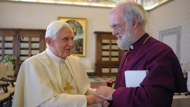 Pope Benedict XVI (left) at the Vatican with  Archbishop of Canterbury Rowan Williams.