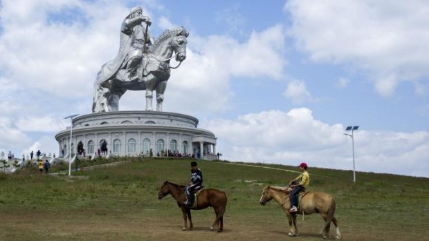 A steel statue of Genghis Khan and his horse outside of Ulaanbaatar.