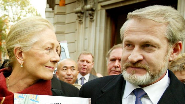 Vanessa Redgrave and exiled rebel leader Akhmed Zakayev leave court after a judge rejected a Russian request for his extradition in 2003.