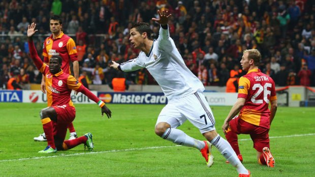 Cristiano Ronaldo of Real Madrid celebrates scoring the opening goal.