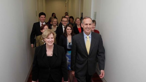Strength in numbers ... Bob Brown and Christine Milne lead the current, past and incoming Greens MPs for a meeting at Parliament House last week.