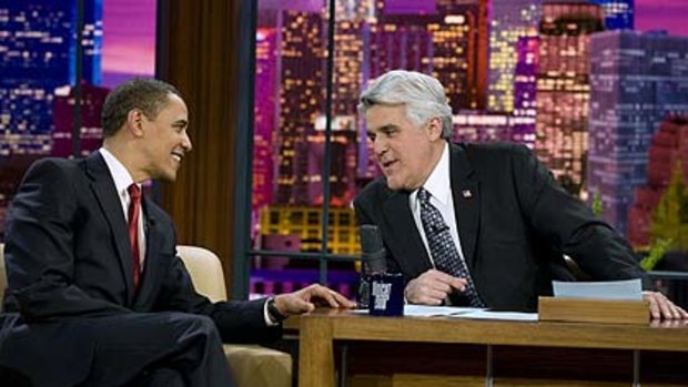 Barack Obama chats with Jay Leno on The Tonight Show.