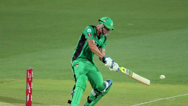 Drawcard: Kevin Pietersen tries a switch hit for the Melbourne Stars against the Adelaide Strikers.