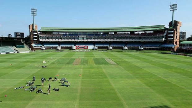 Australian players warm up during a nets session at St Georges Park, Port Elizabeth.