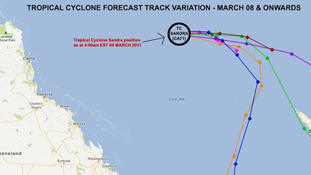 Possible trajectories of Tropical Cyclone Sandra.