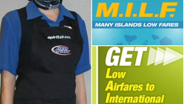 Spirit Air's new flight attendant outfits featuring beer logos and, right, two of the offending advertisements.