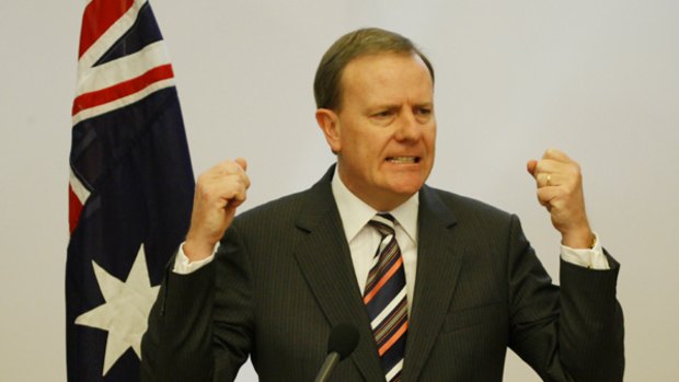 An emphatic Peter Costello during his press conference yesterday.