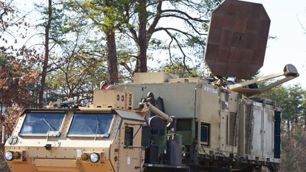 A US Marine Corps truck equipped with the Active Denial System goes on display.