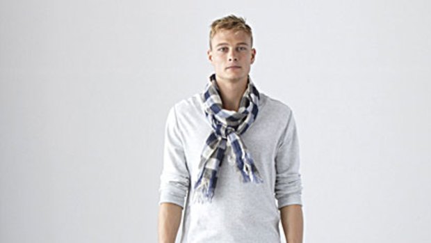Crew Henley knit, $99, woven check scarf, $59.95, Oxford pant, $129, and Appleby moccasin, $59.95, from Country Road.