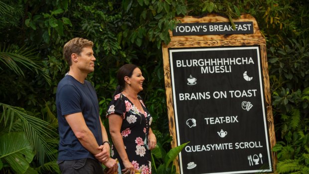 Chris Brown and Julia Morris unveil the new breakfast menu in I'm A Celebrity, Get Me Out Of Here.